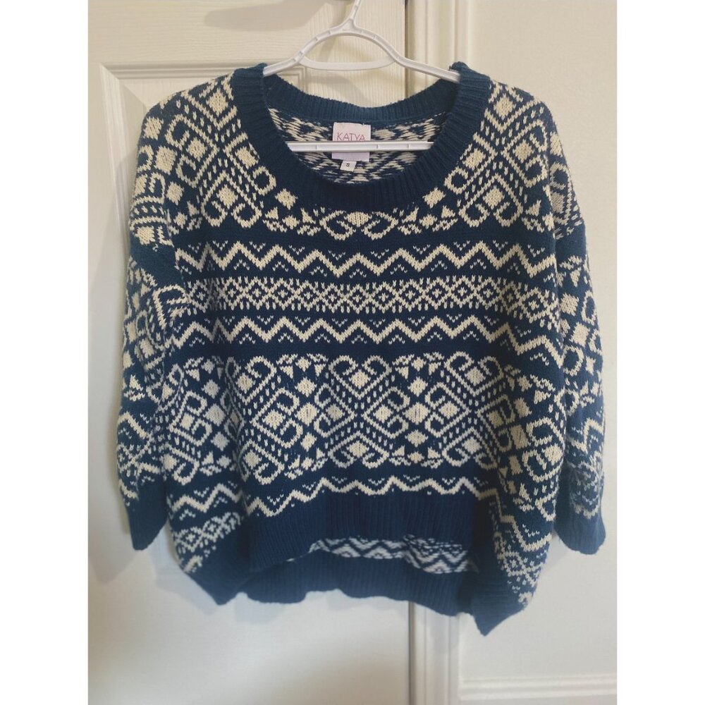 Katya Navy & White Fair Isle Knit Sweater (3/4 Sleeve)